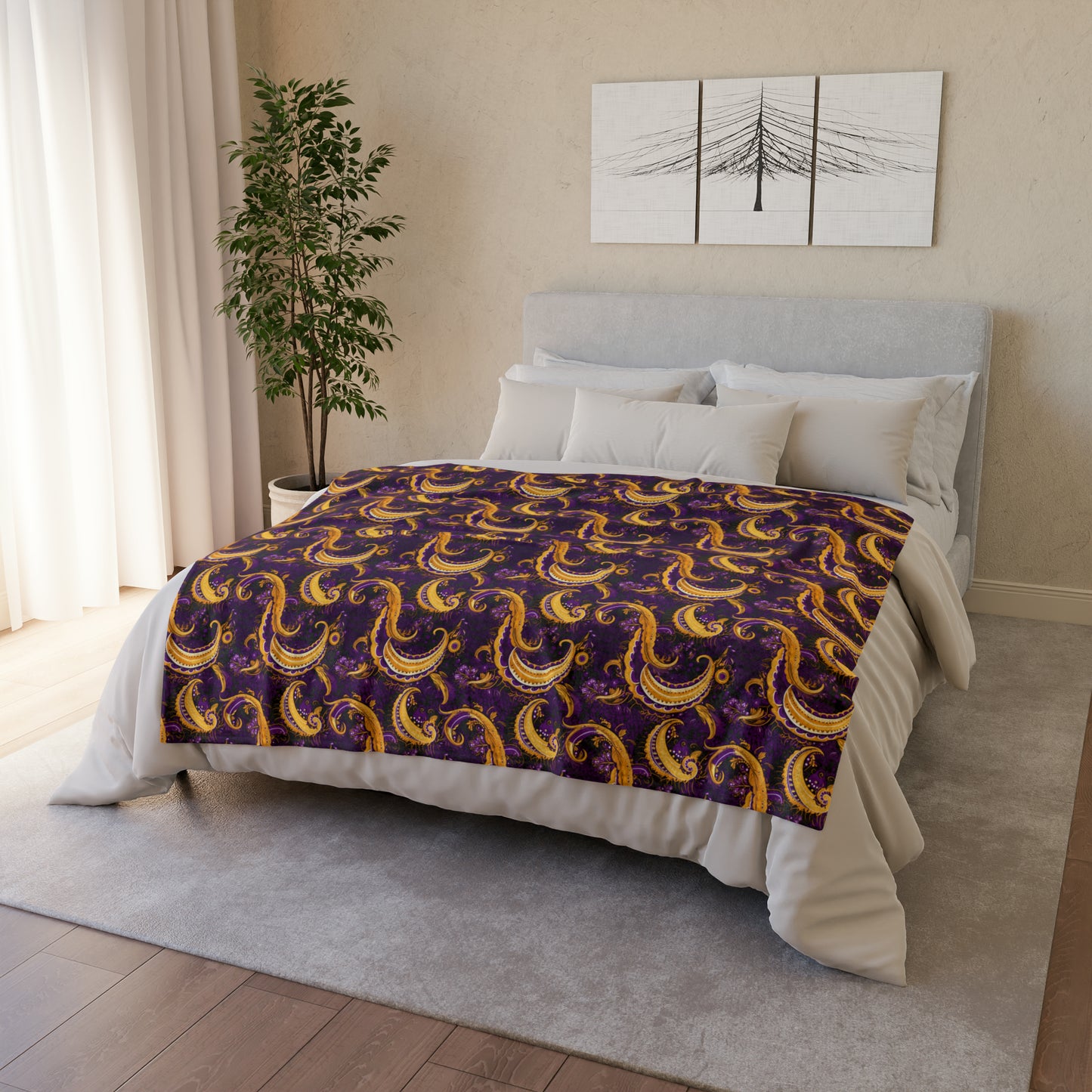 Purple & Gold Laker Fan Inspired Throw Cover, Purple and Gold Paisley Print Cover, Paisley Print Home Textiles