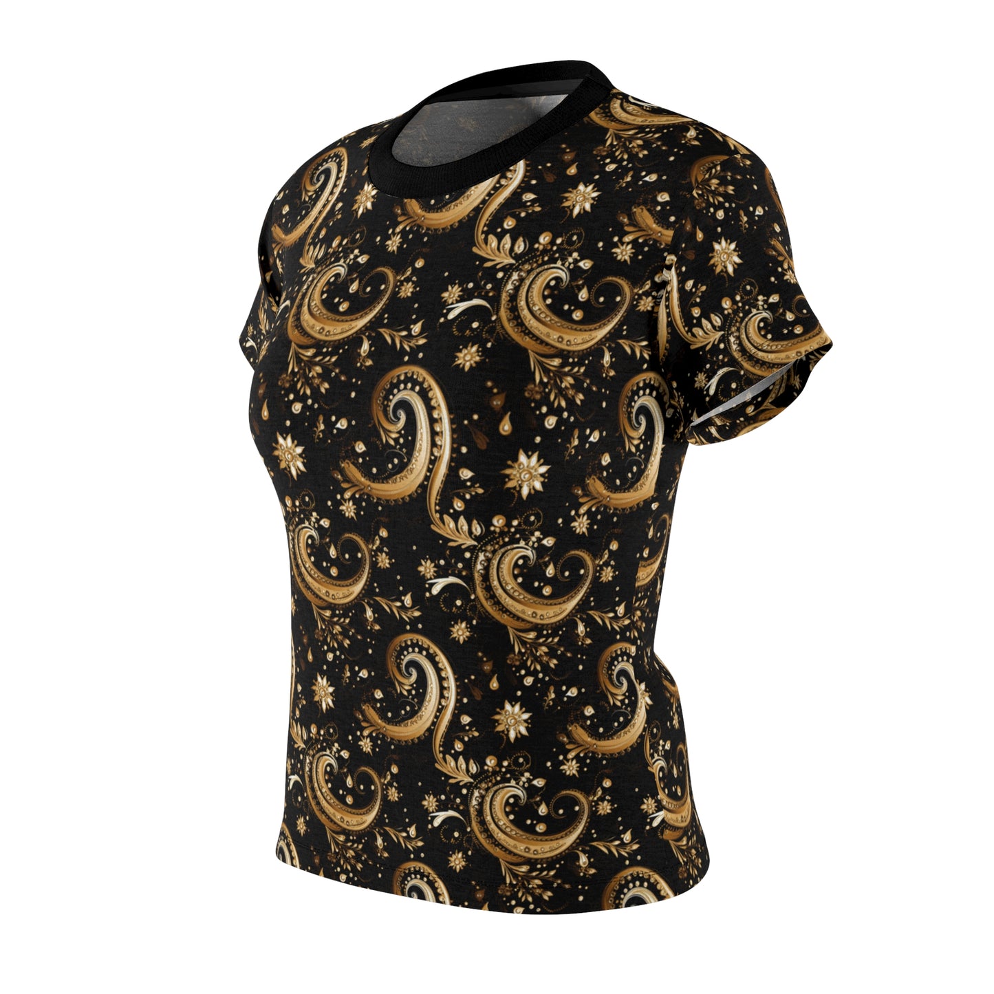 Black & Gold Paisley Print Elegant Women's Cut Top, Black and Gold Bandana Print Luxury Top