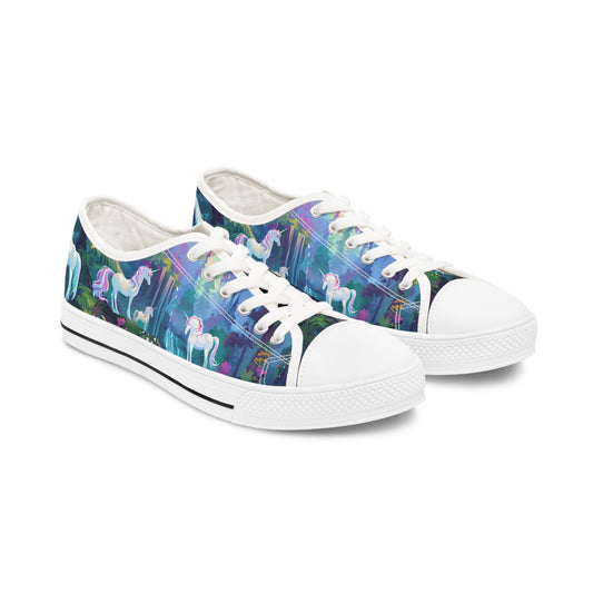 Enchanting Unicorn Fantasy Women's Low Top Sneakers, Magical Forest Print, Breathable Unicorn Theme Shoes, Magical Enchanting Gift For Her