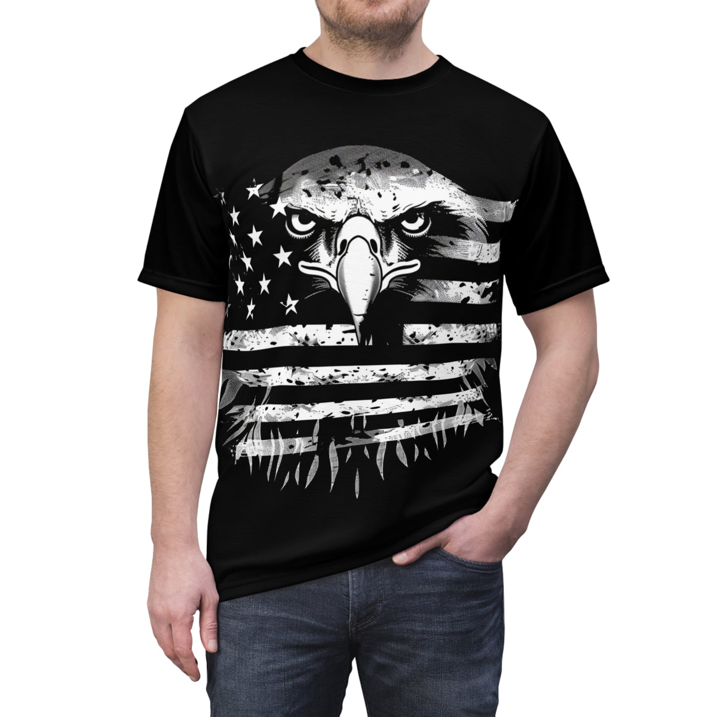 Black & White American Eagle Flag Men's Cut & Sew Tee, Patriotic T-Shirt