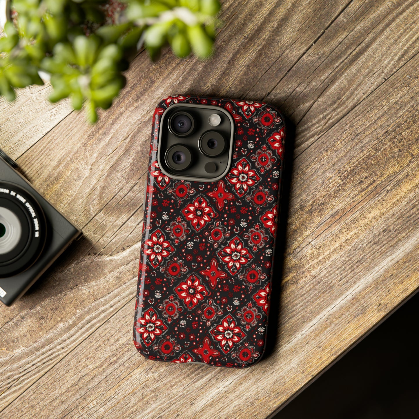 Rusticcore Red Paisley Print Tough Phone Case, Red Black Bandana Print Phone Case