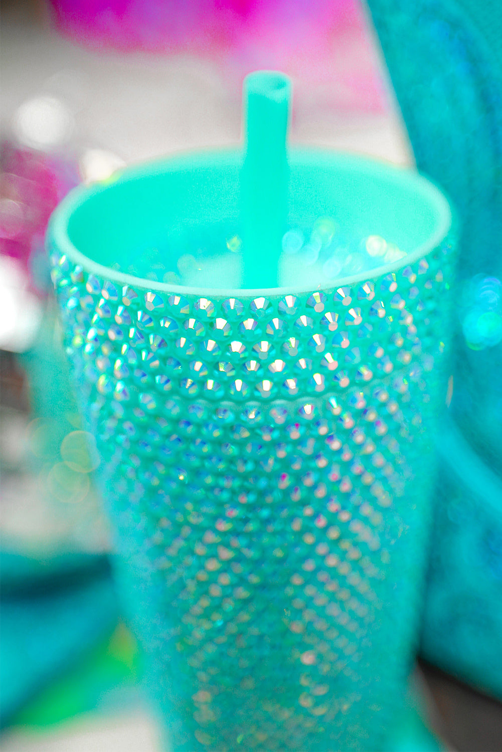 Glamorous Green Rhinestone-Embellished Travel Cup with Straw - Compact, Durable & Safe PP Material