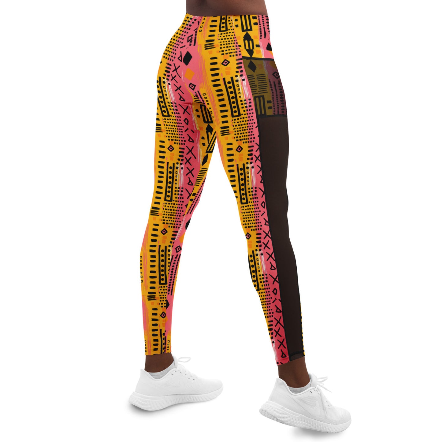 Sunset Sahara Colorful African MudCloth Print Mesh Women's Leggings, African Ankara Print Women's Work Out Wear