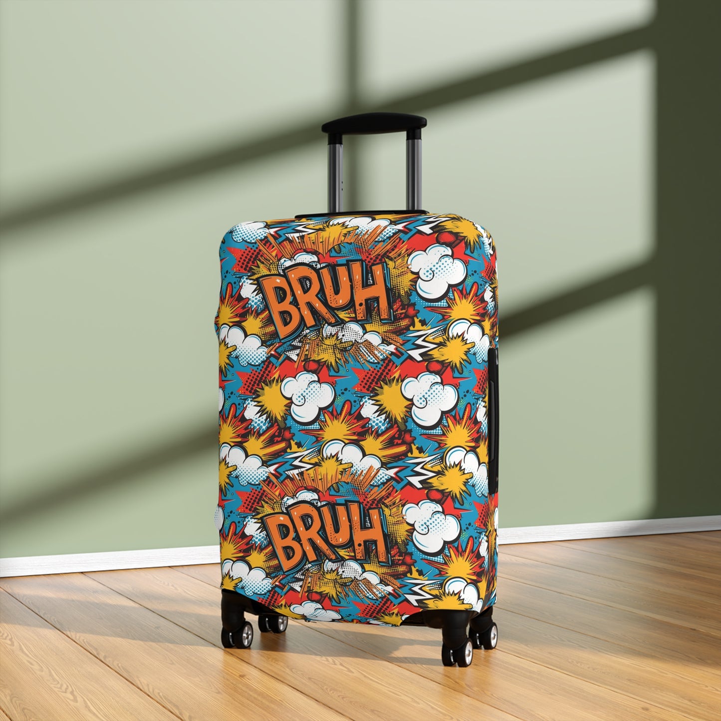 Comic Book Explosion "Bruh Moment" Luggage Cover, Pop Art Style Suitcase Protector