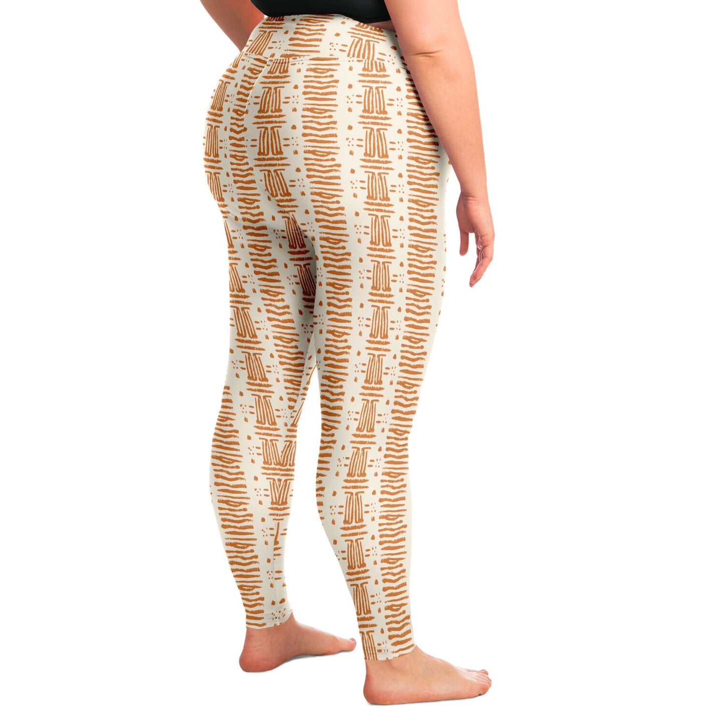 Rush & Cream Colored African Print Plus Size 2XL - 6XL Women's Leggings, Earth Tone Curvy African Print Activewear