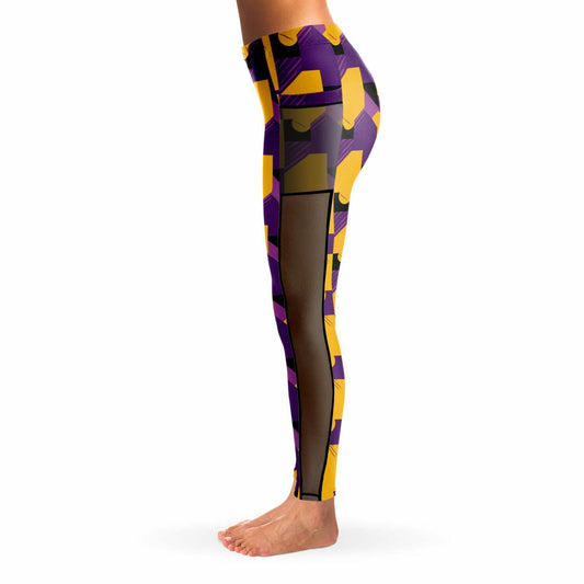 Purple & Gold Abstract Print Luxury Leggings With Pockets, Laker Fan Color Sexy Ladies Workout Wear