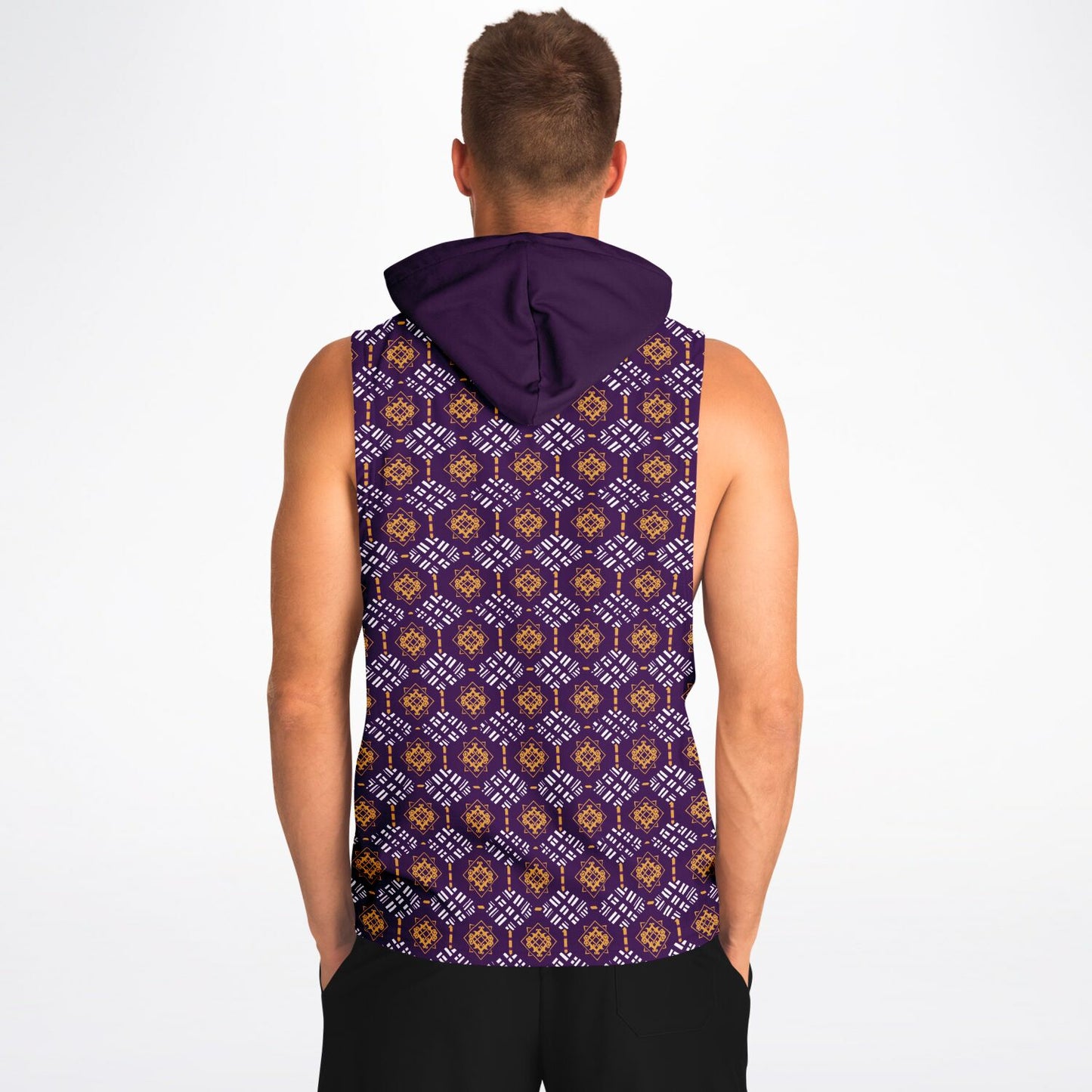 Omega Psi Phi Colors African Print Athletic Drop Armhole Hoodie, Men's Purple & Gold Athletic Ethnic  Print Workout Pull Over Gear