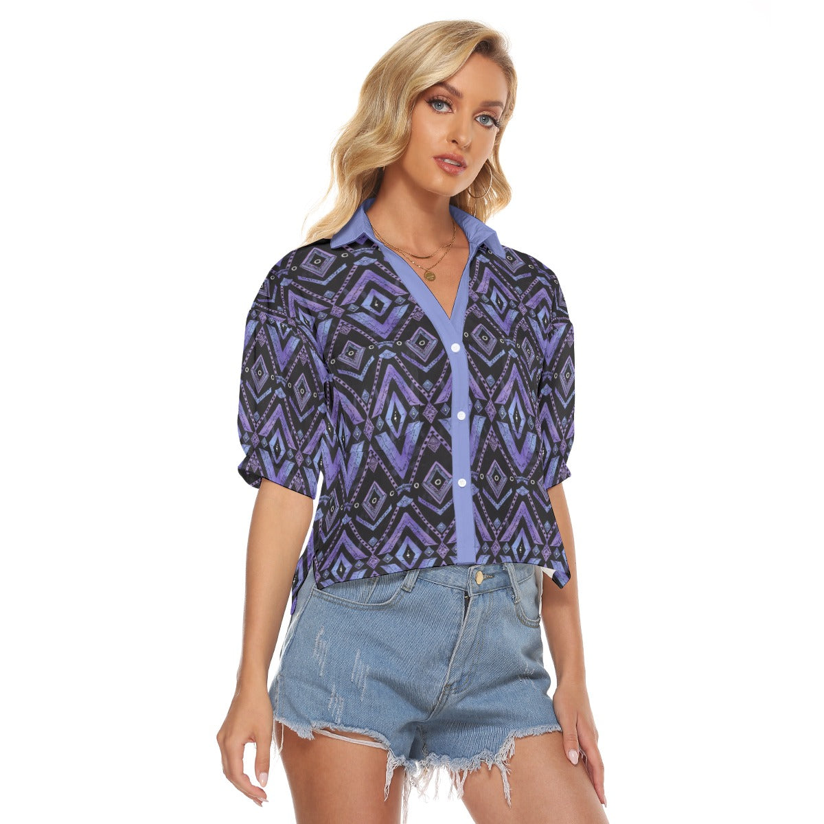 Women V-neck African Print Women's Shirt, Purple Cultural Blouse, Women's Loose-Fit Top