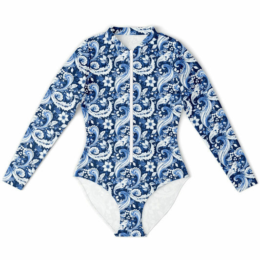 Blue & White Paisley Print Long Sleeve Bodysuit | Trendy UV protection Clothing | Paisley Print Women's Fashion | Bandana Print Bodysuit