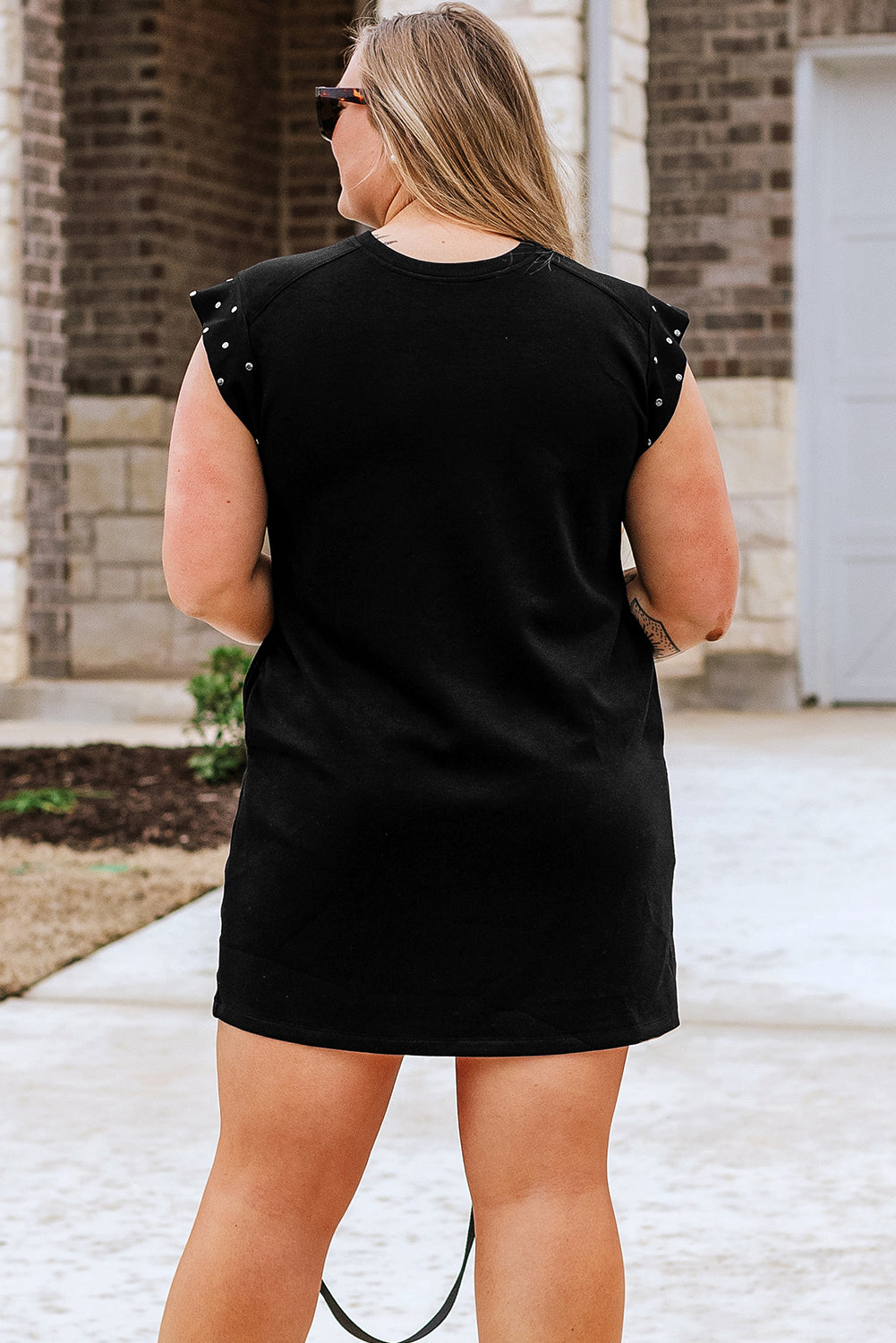 Chic Black Studded Plus Size T-Shirt Dress with Cap Sleeves