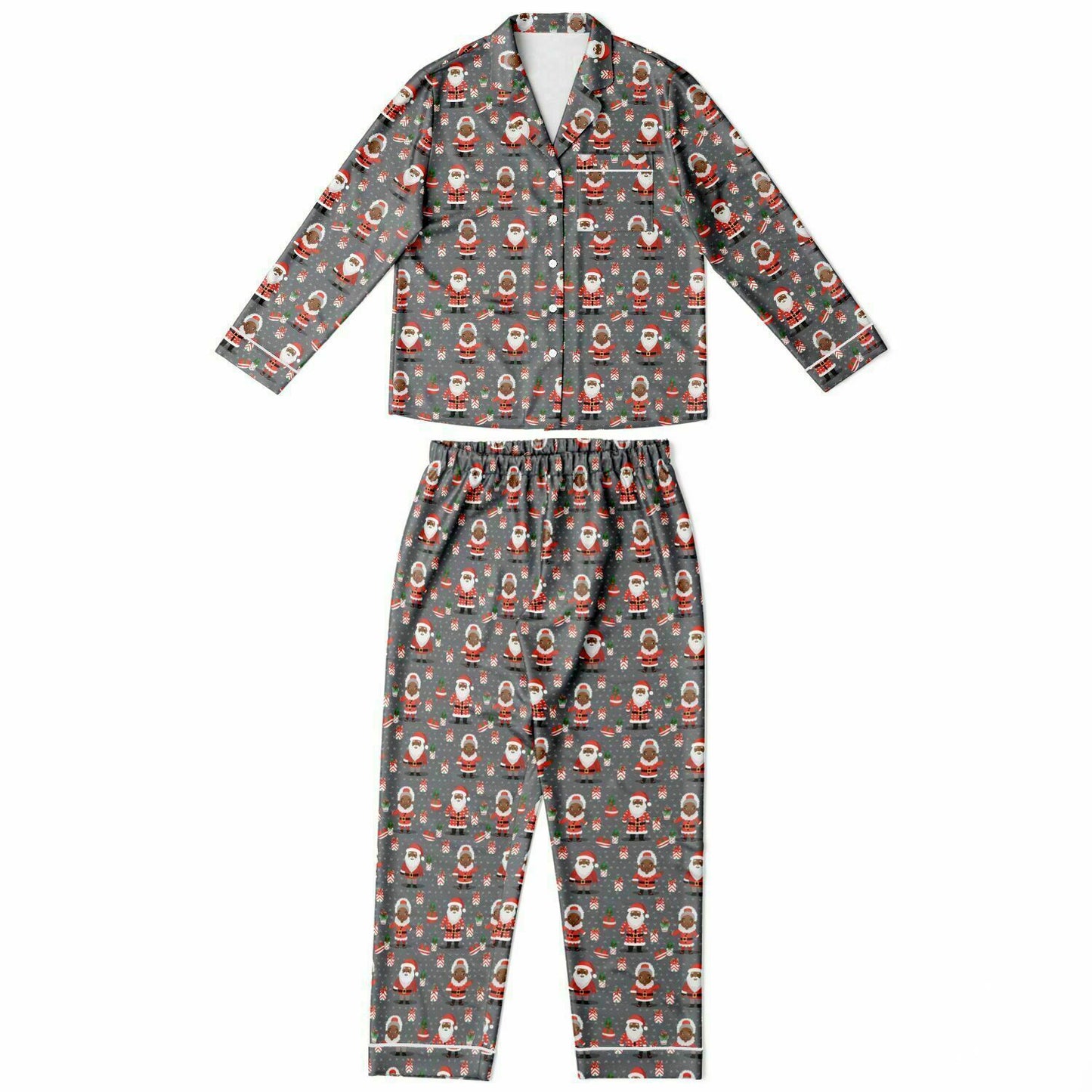 Black Santa & Mrs Claus Women's Plus Size Satin Pajama Set, Christmas Couples Pajama Set