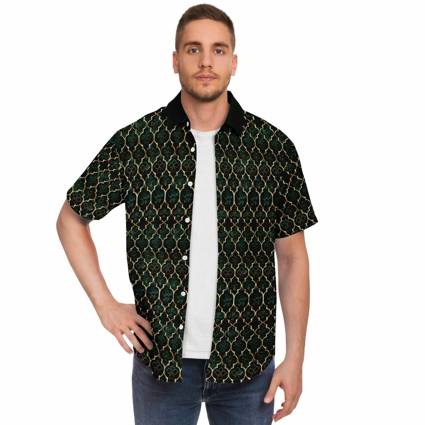 Emerald Elegance: Clover Mosaic Short Sleeve Button Down Shirt, Irish Themed Mens Patterned Dress Shirt