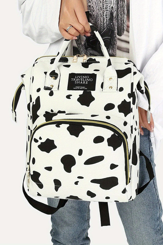 White Cow Spot Print Canvas Backpack - Durable, Multi-Pocket, and Versatile Design