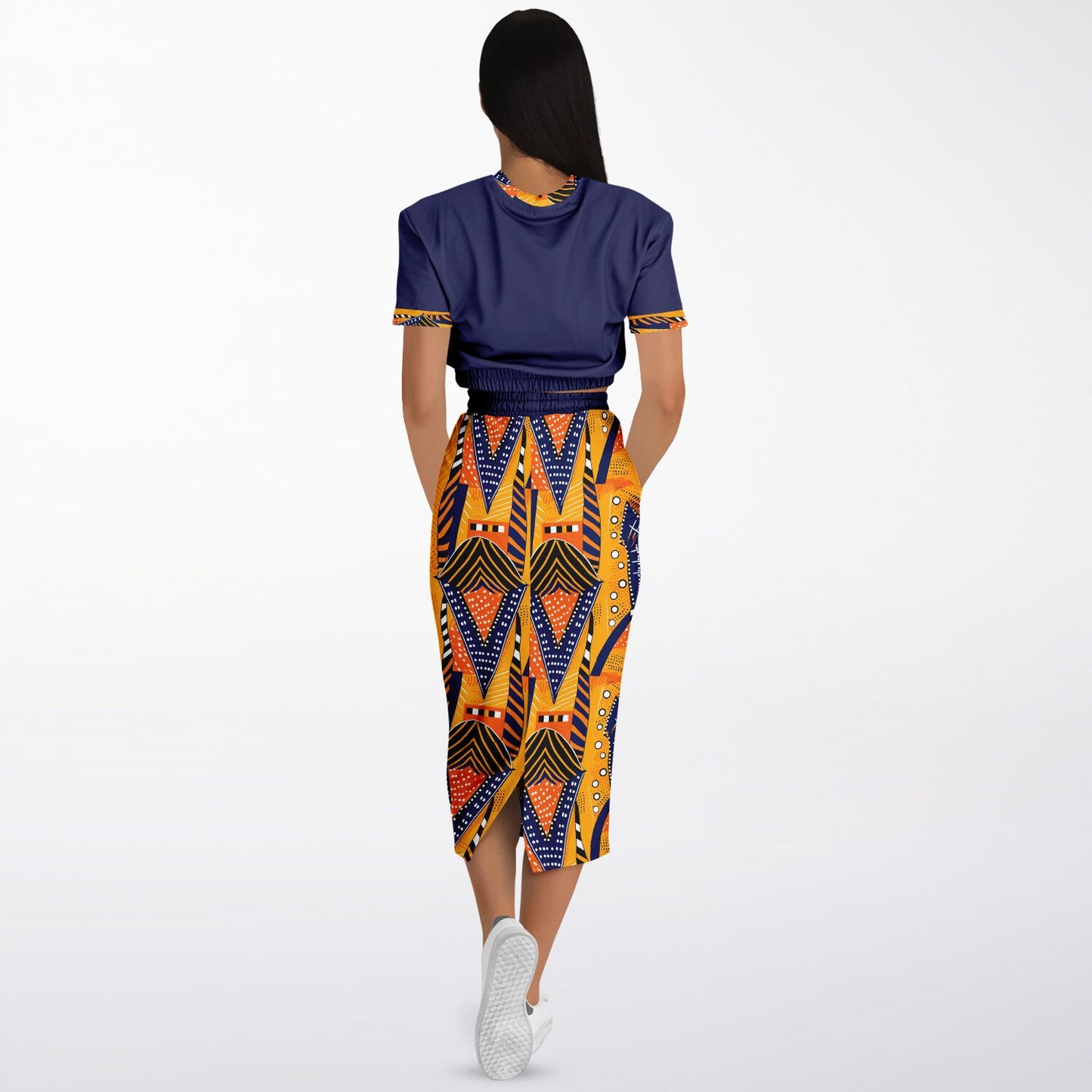 African Print & Midnight Blue Color Block Women's Cropped Sweatshirt and Skirt Set, African Print Fashion For Women