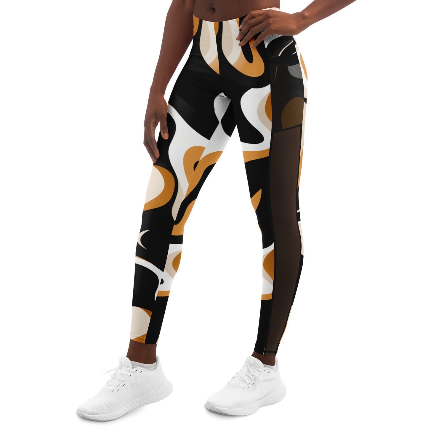 Earth-Tone Womens Yoga Pants, Abstract Black Women's Leggings Bold Lines and Fluid Movements