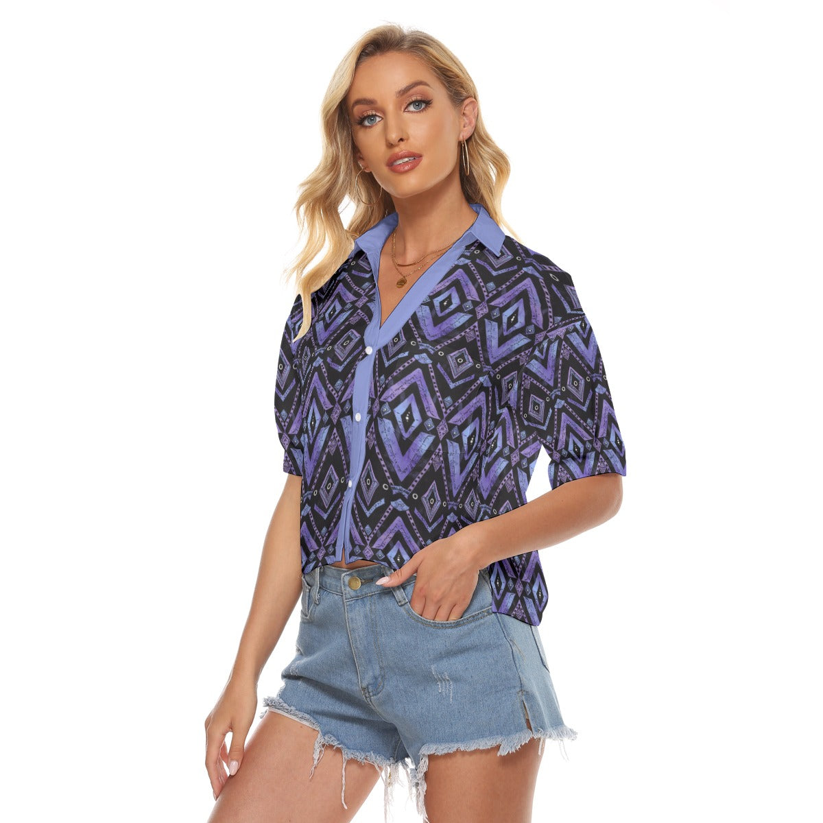 Women V-neck African Print Women's Shirt, Purple Cultural Blouse, Women's Loose-Fit Top