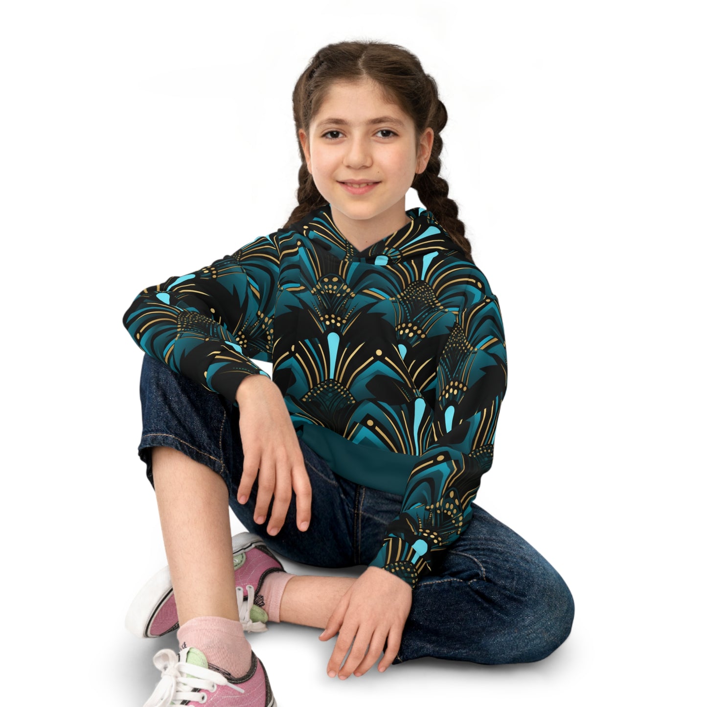 Children's African Ankara Print Hoodie, Zanzibar Blue & Ebony Black Children's Sweater