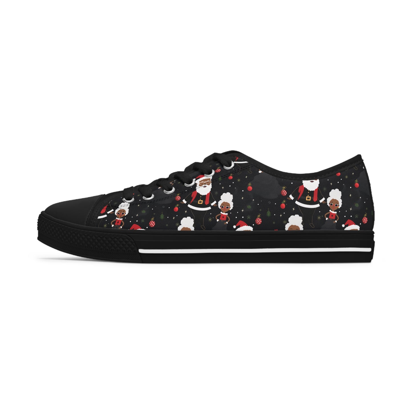 Black Santa and Mrs Claus Festive Christmas Low Top Tennis Shoes, Unique Women's Holiday Sneakers