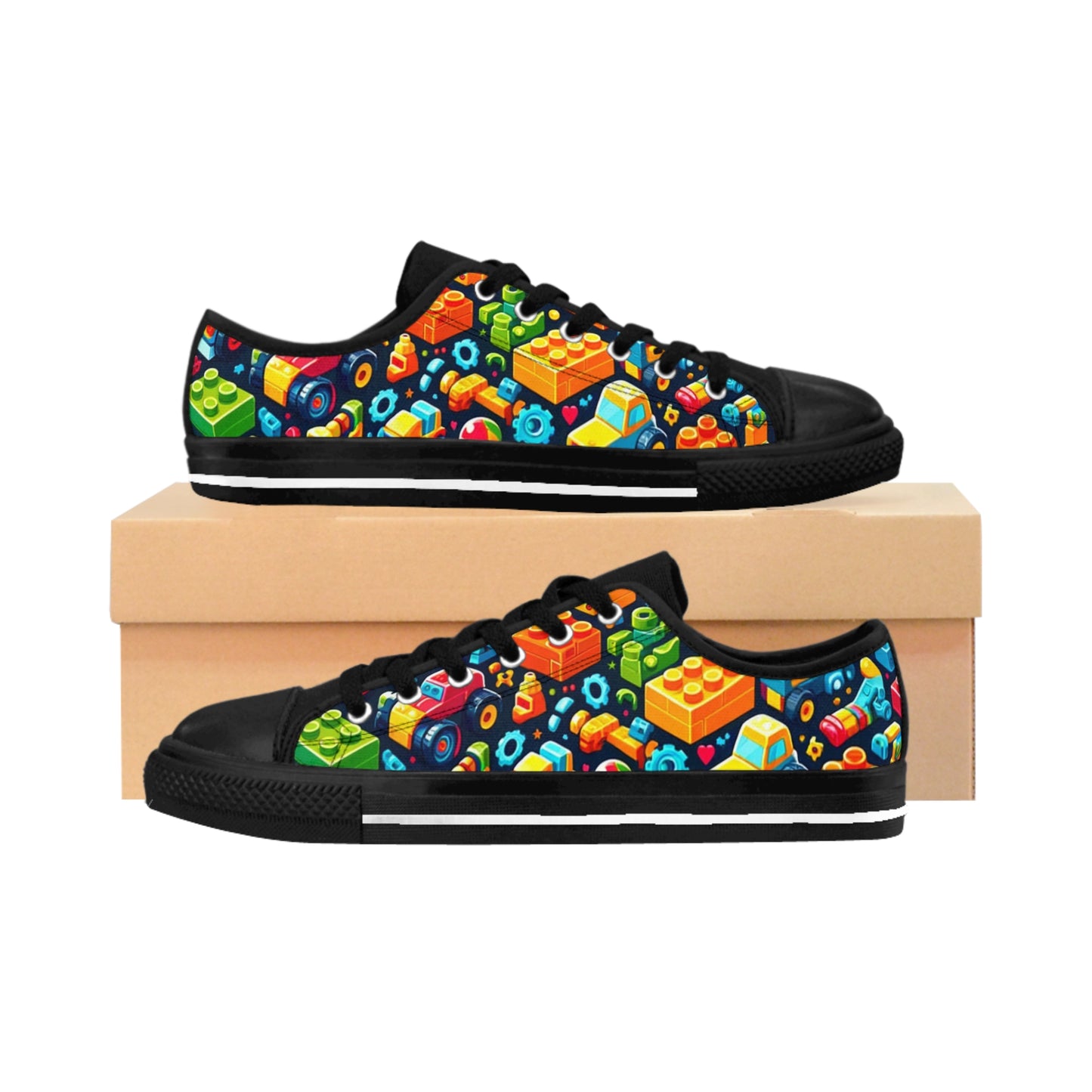 Building Block Themed Low Top Men's Shoes, Toy Car Themed Men's Tennis Shoes