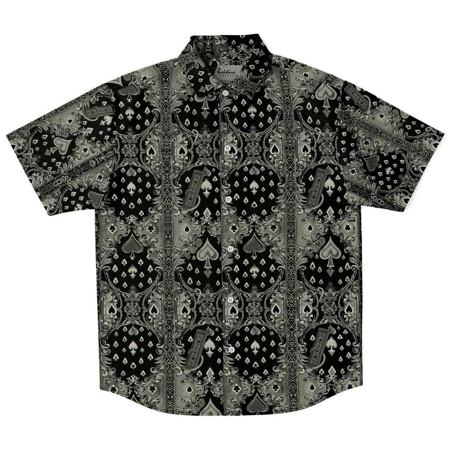 Ace of Spades Men's Short Sleeve Button Down Shirt, Black and Grey Poker Print