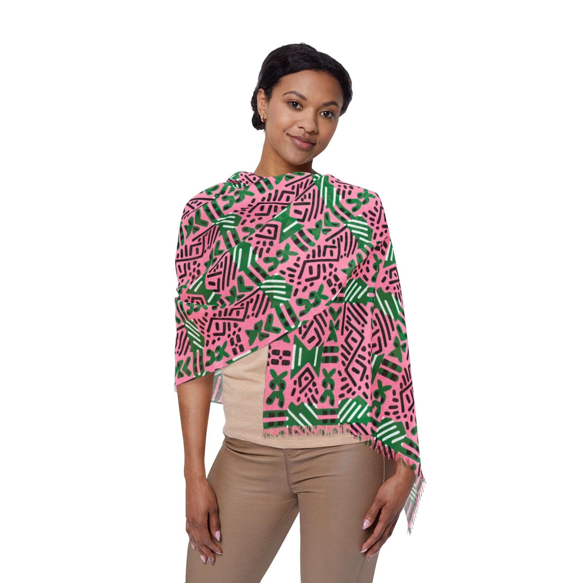 AKA Sorority Inspired African MudCloth Scarf,  Pink & Green African Ankara Print Women's Scarf