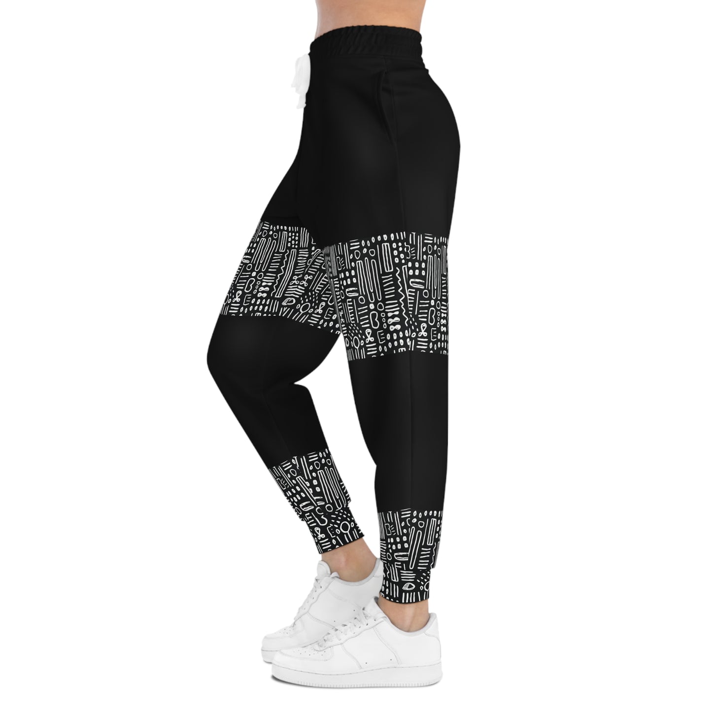 Mud Cloth Print Unisex Joggers, Black & White Color Block African Print Bottoms