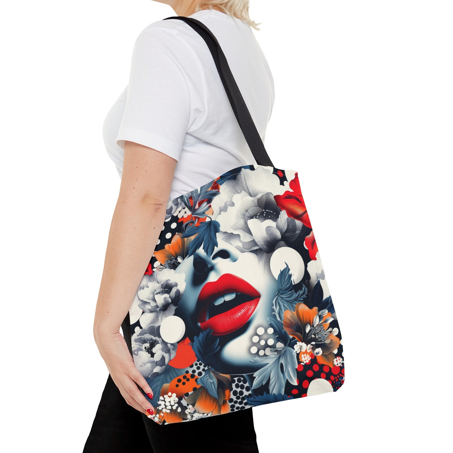 Artistic Floral High Fashion Tote Bag, Modern Polka Dot Carryall