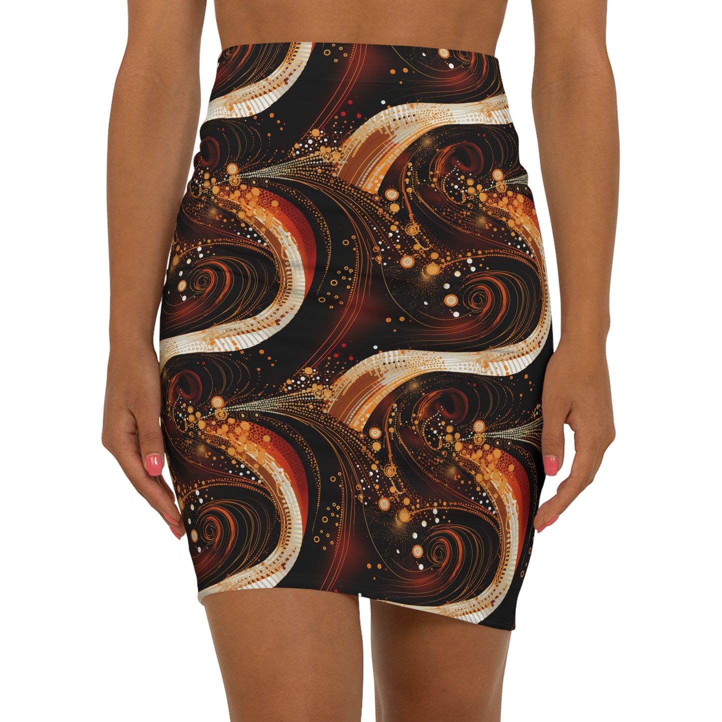 Black & Gold African Print Stretch Mini Skirt,  Modern Boho Abstract Pattern Women's Skirt