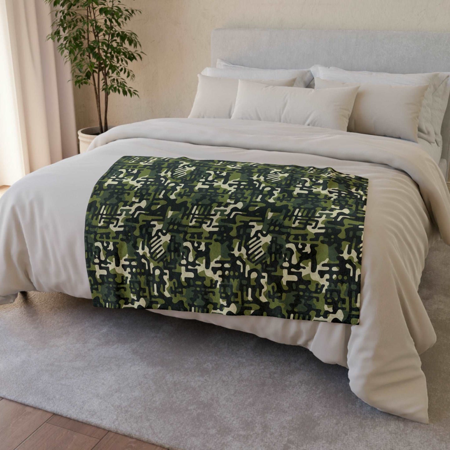 African MudCloth Meets Camouflage Throw Cover,  Green Camouflage African Print Bedroom Decor