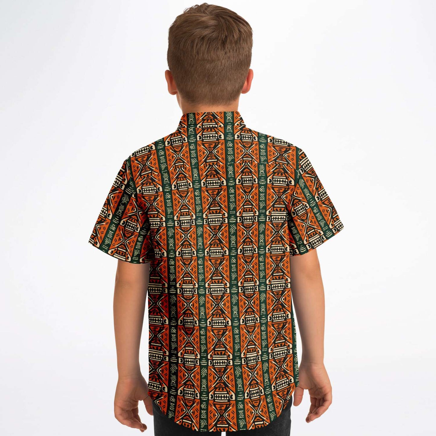 Green & Orange Traditional African Mud Cloth Boys Button Down Shirt