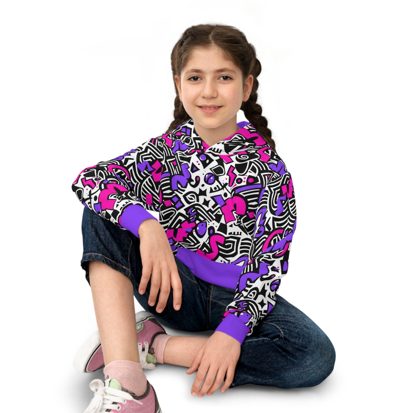 Colorful Memphis Pattern Kids Hoodie,  All-Over Print, Front Kangaroo Pocket