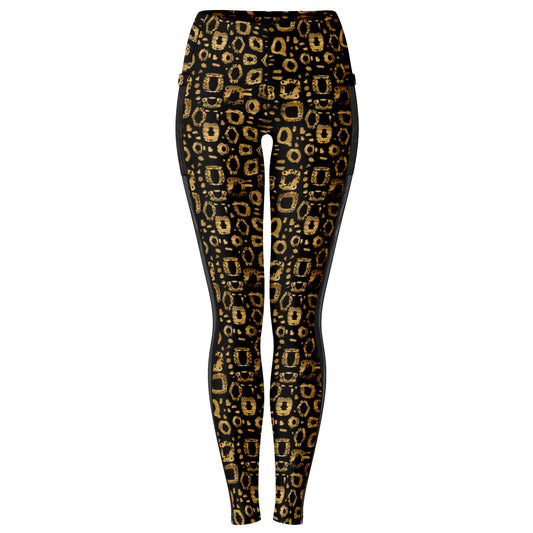 Women's Traditional Brown & Black Leopard Print Mesh Pocket Leggings - Animal Print Sexy Yoga Pants