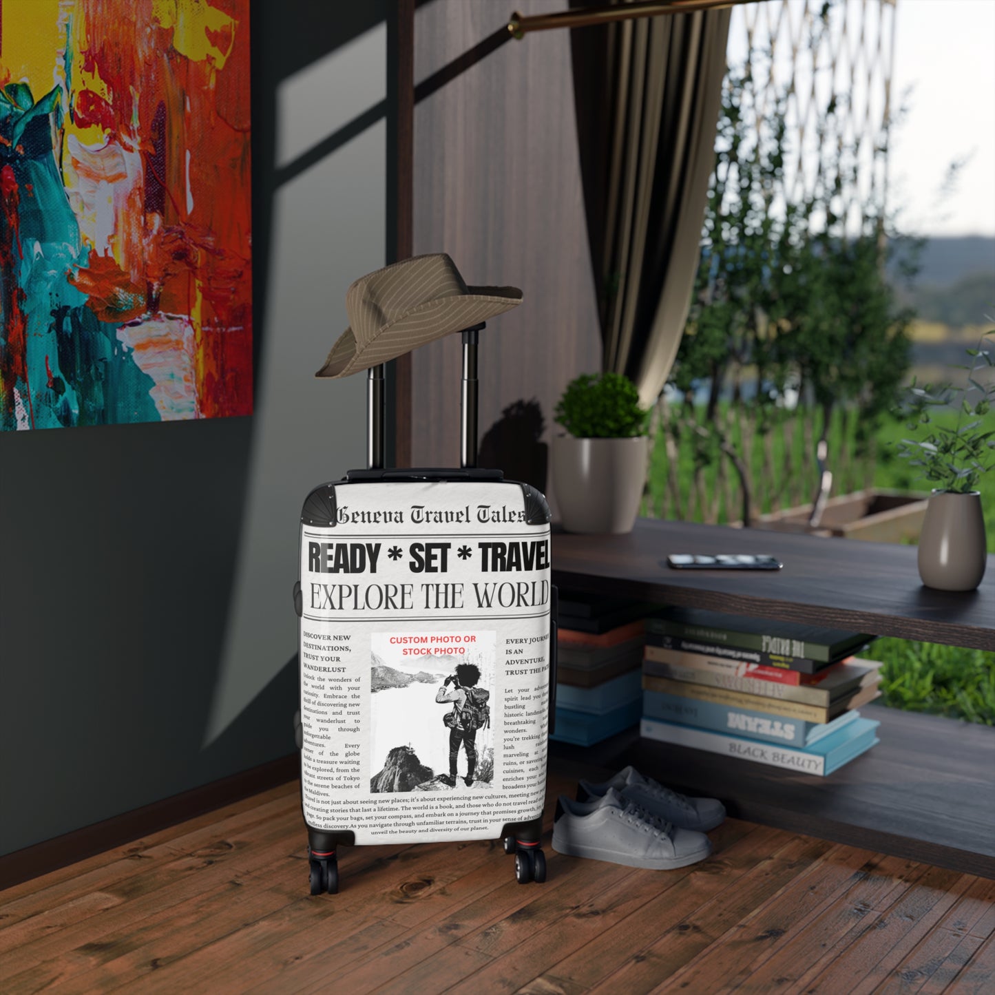 Custom Newspaper Style Suitcase, Black & White Travel Luggage, Unique Gift for Travel Enthusiasts, Personalized Travel Gear