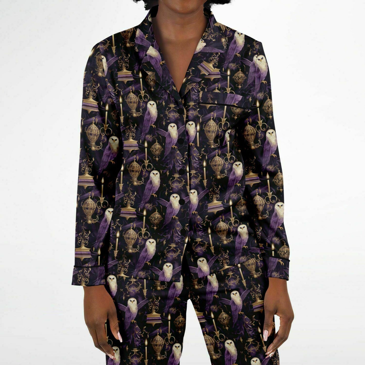 Potterhead Magical World Purple Satin Women's Luxury Pajamas |  Wands, Owls, Magical Symbols Luxury Plus Size Loungewear