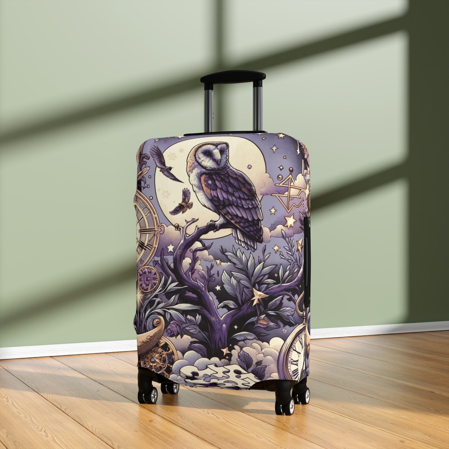 Enchanted Owl and Celestial Bodies Suitcase Cover, Magical Themed Luggage Protector