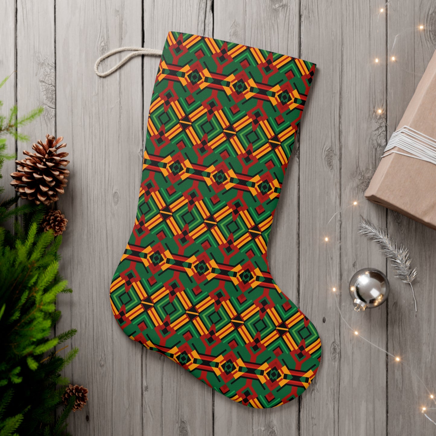 Christmas Inspired Kente Cloth Holiday Stocking, African Print Christmas Stocking