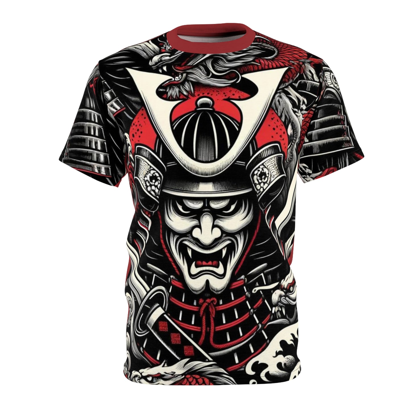 Mens Black, Red Japanese Art Samurai Warrior Print T-Shirt, Mythical Dragon Design