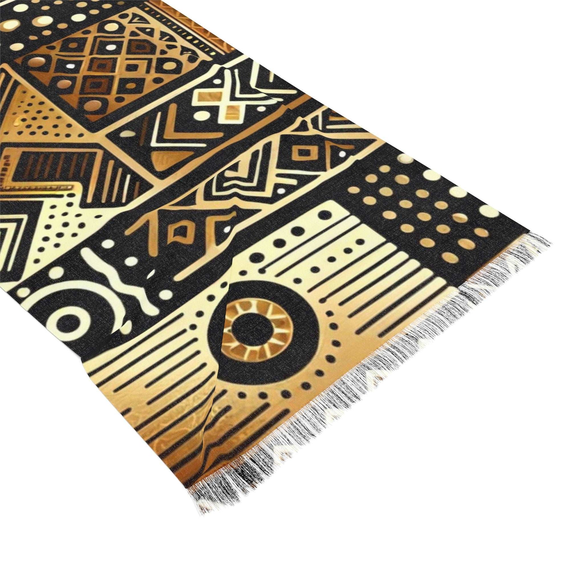 African MudCloth Print LightWeight Scarf,  Black & Gold African Wax Print Women's Fashion