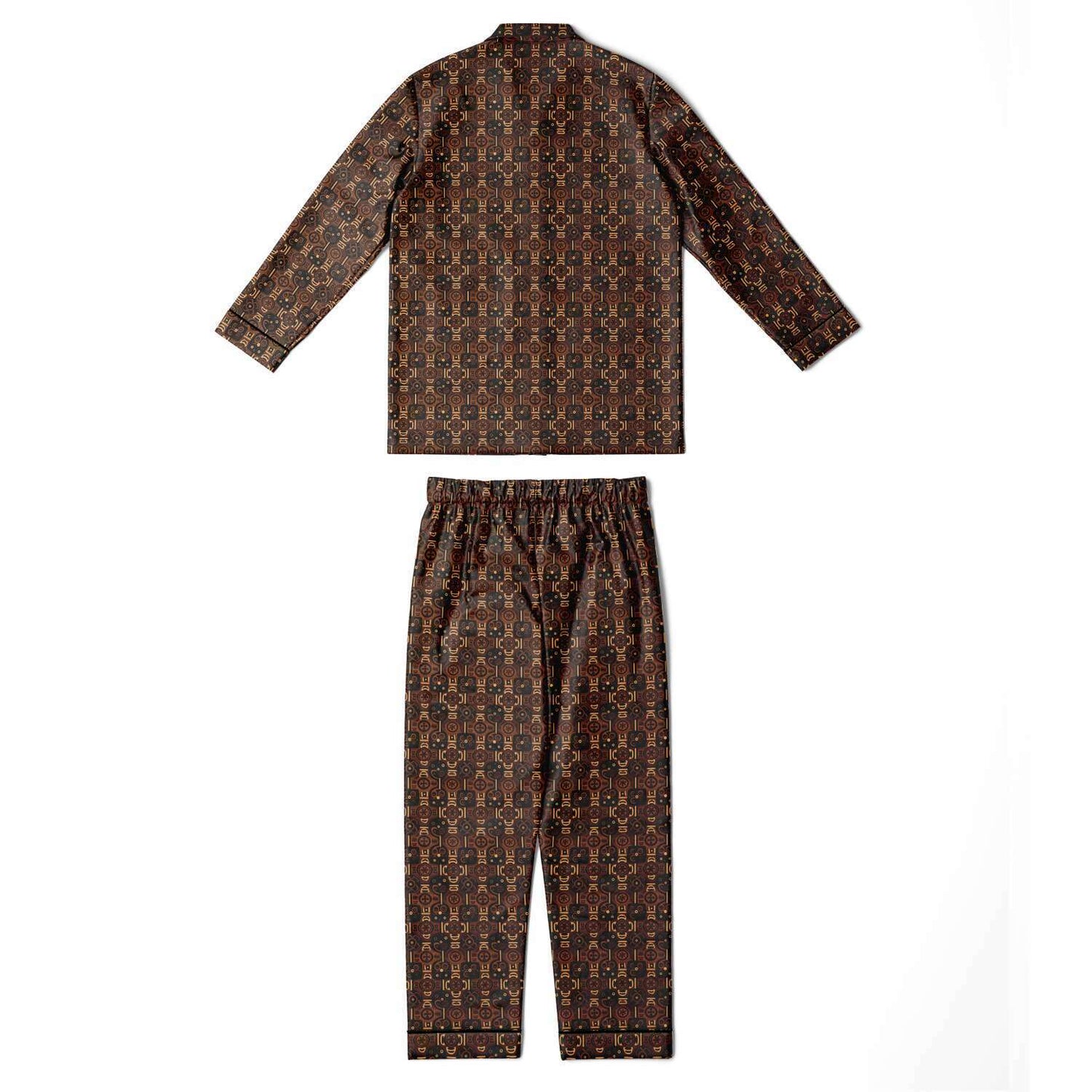 Brown African Wax Print  Men's Satin Pajama Set | Adinkra Symbols African Print' Big & Tall Satin Cozy Men's Loungewear