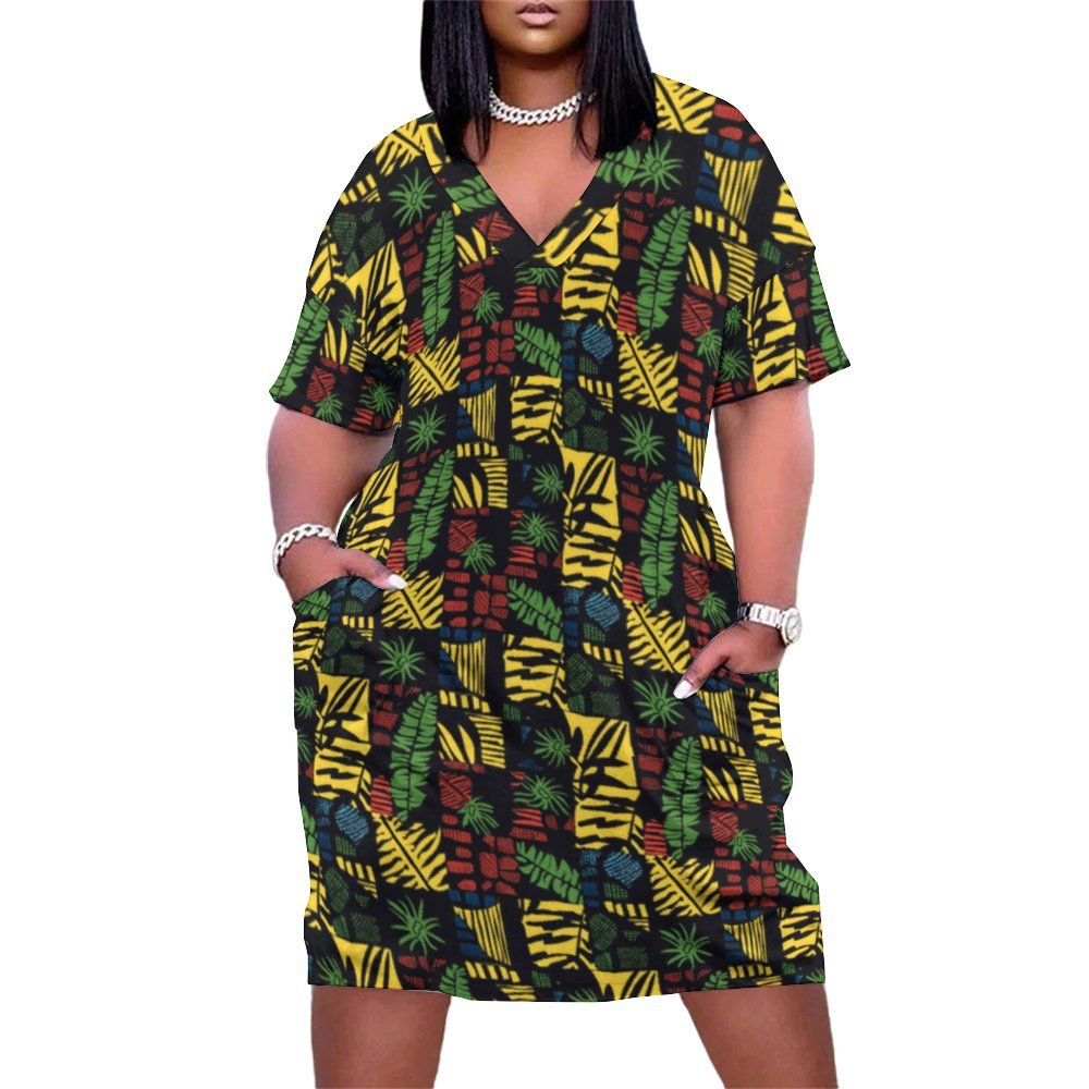 Plus Size African Print Women's Dress, Tropical Leaf & Drum Design