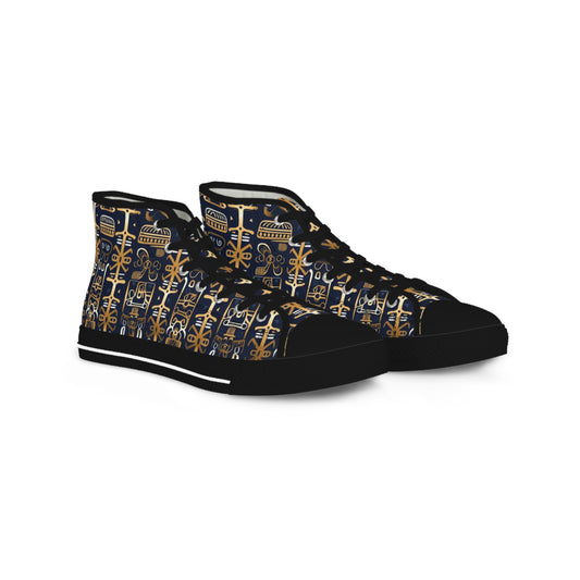 Golden Shamanic Serenity Afrocentric Print Men's Hi-Top Shoes, Navy Blue & Gold Tribal Print Mens Fashionable Shoes