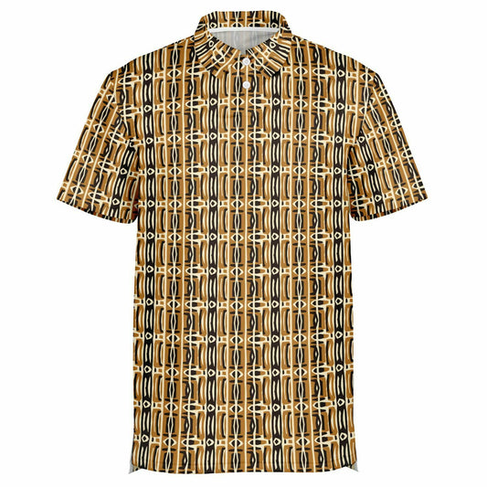 Men's African MudCloth Print Golf Polo Shirt in Brown & Cream, Geometric Print Breathable