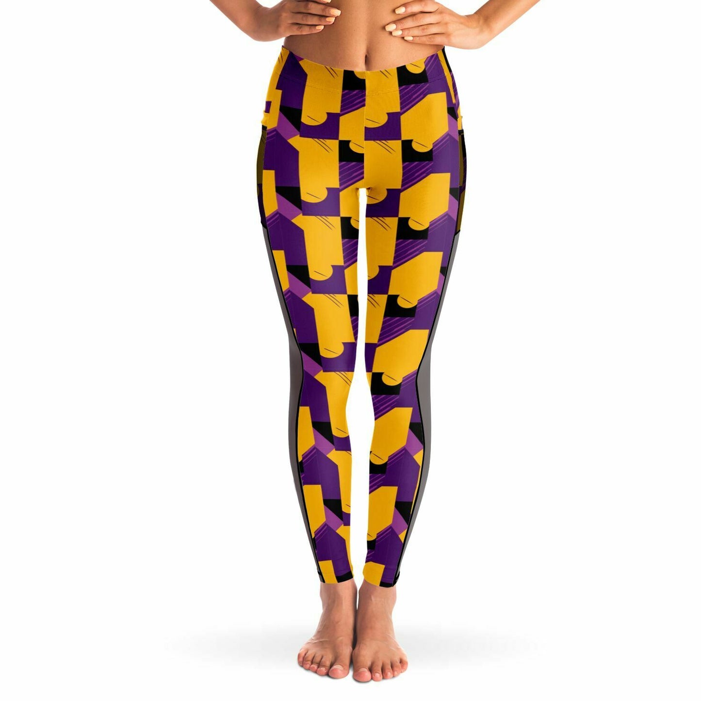 Purple & Gold Abstract Print Luxury Leggings With Pockets, Laker Fan Color Sexy Ladies Workout Wear