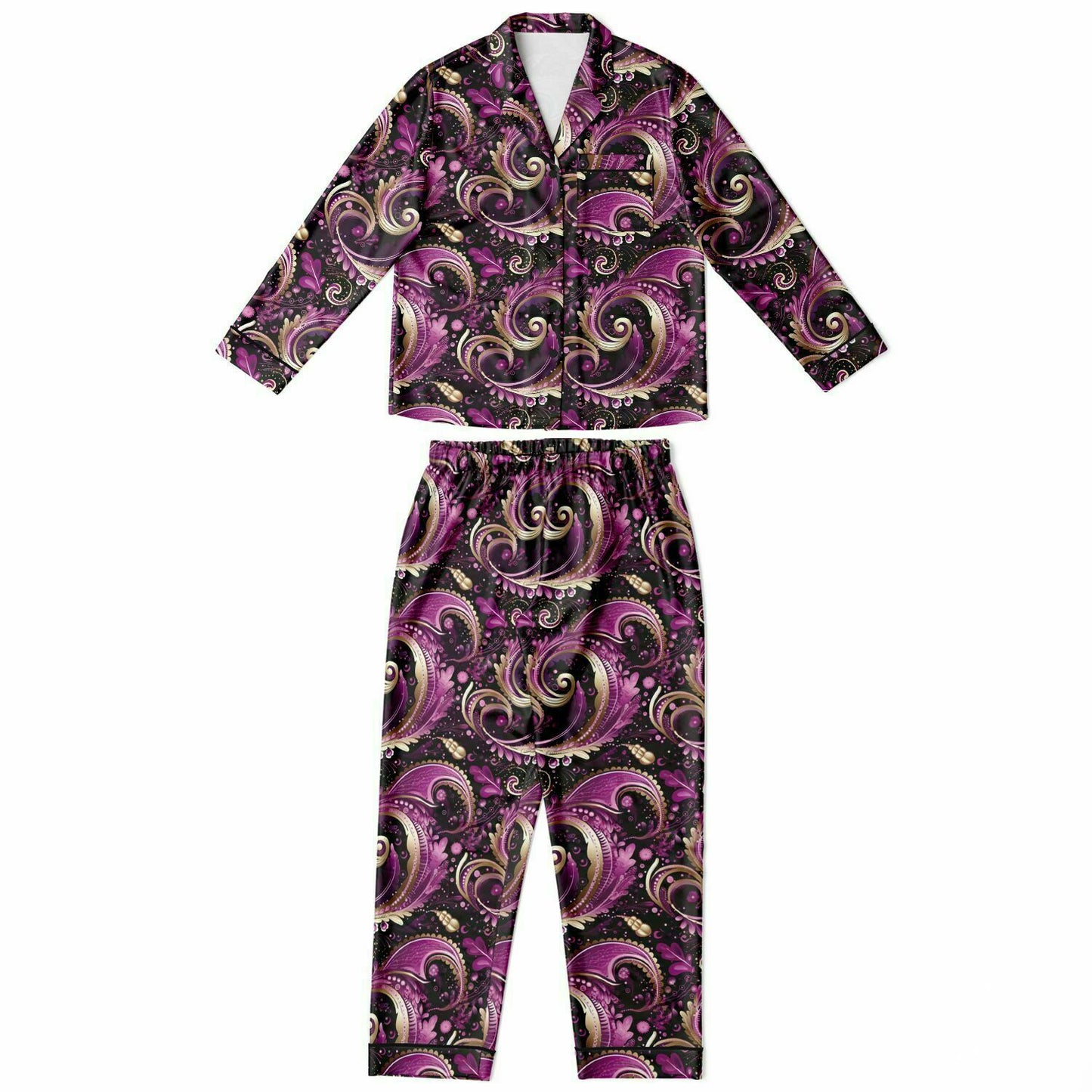 Purple Pink & Gold Paisley Print Women's Satin Pajamas, Boho Chic Purple Women's Pajama Set