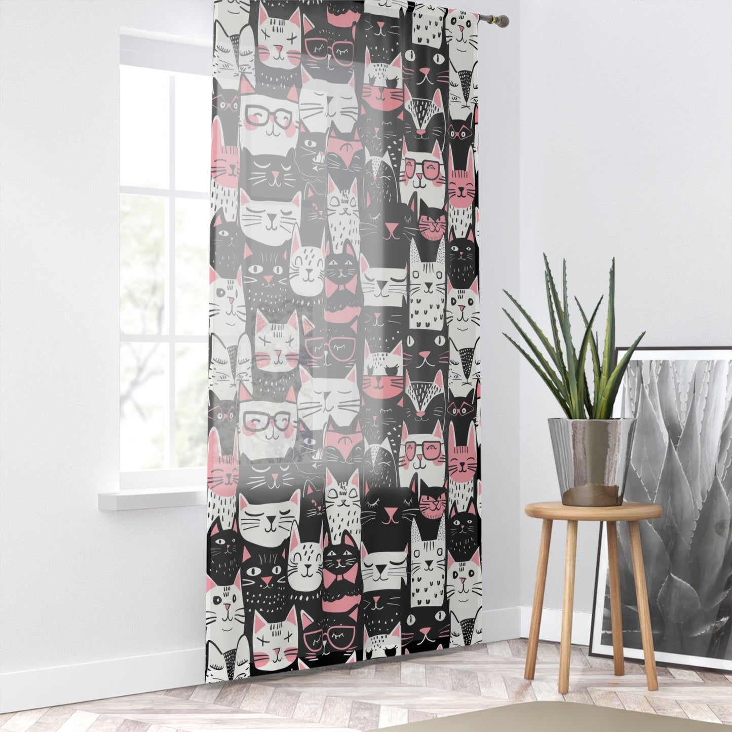 Whimsical Cat Faces Window Curtain - Black, White, Pink - Playful Home Decor