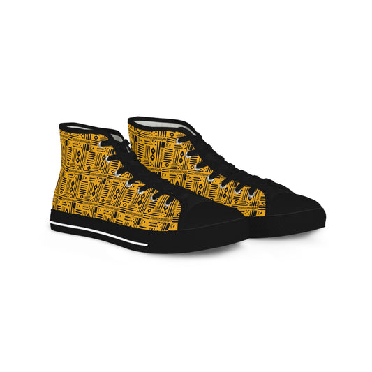 Yellow African Mudcloth Print Men's Hi-Top Shoes, Tribal Print Mens Fashionable Shoes