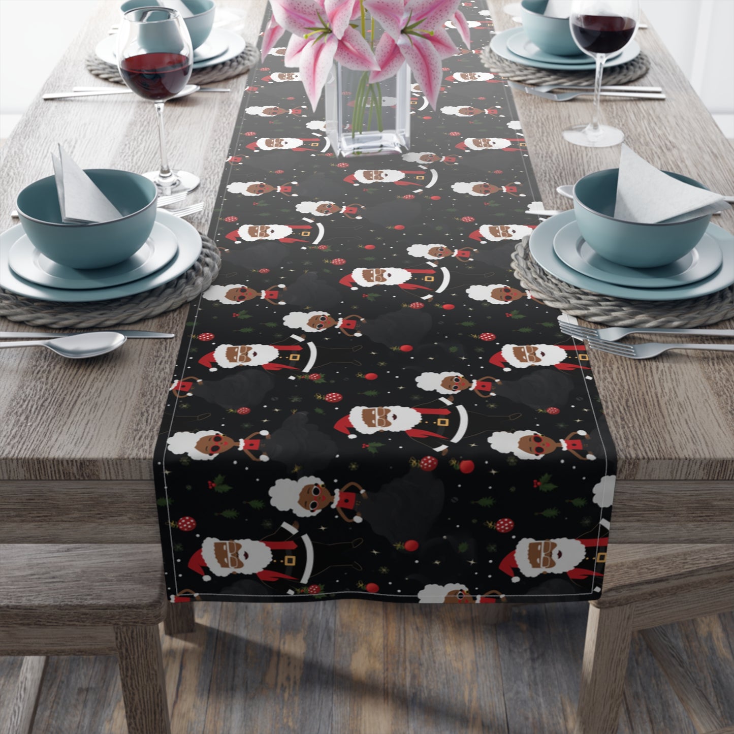 Black Santa & Mrs. Claus Christmas Table Runner, Holiday Table Runner, Festive Xmas Pattern