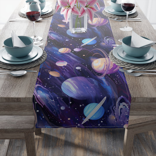 Outer Space Print Fabric Table Runner, Galaxy, Rockets, Planets Table Cloth