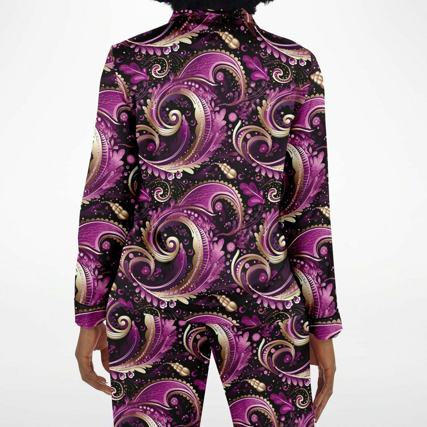 Purple Pink & Gold Paisley Print Women's Satin Pajamas, Boho Chic Purple Women's Pajama Set