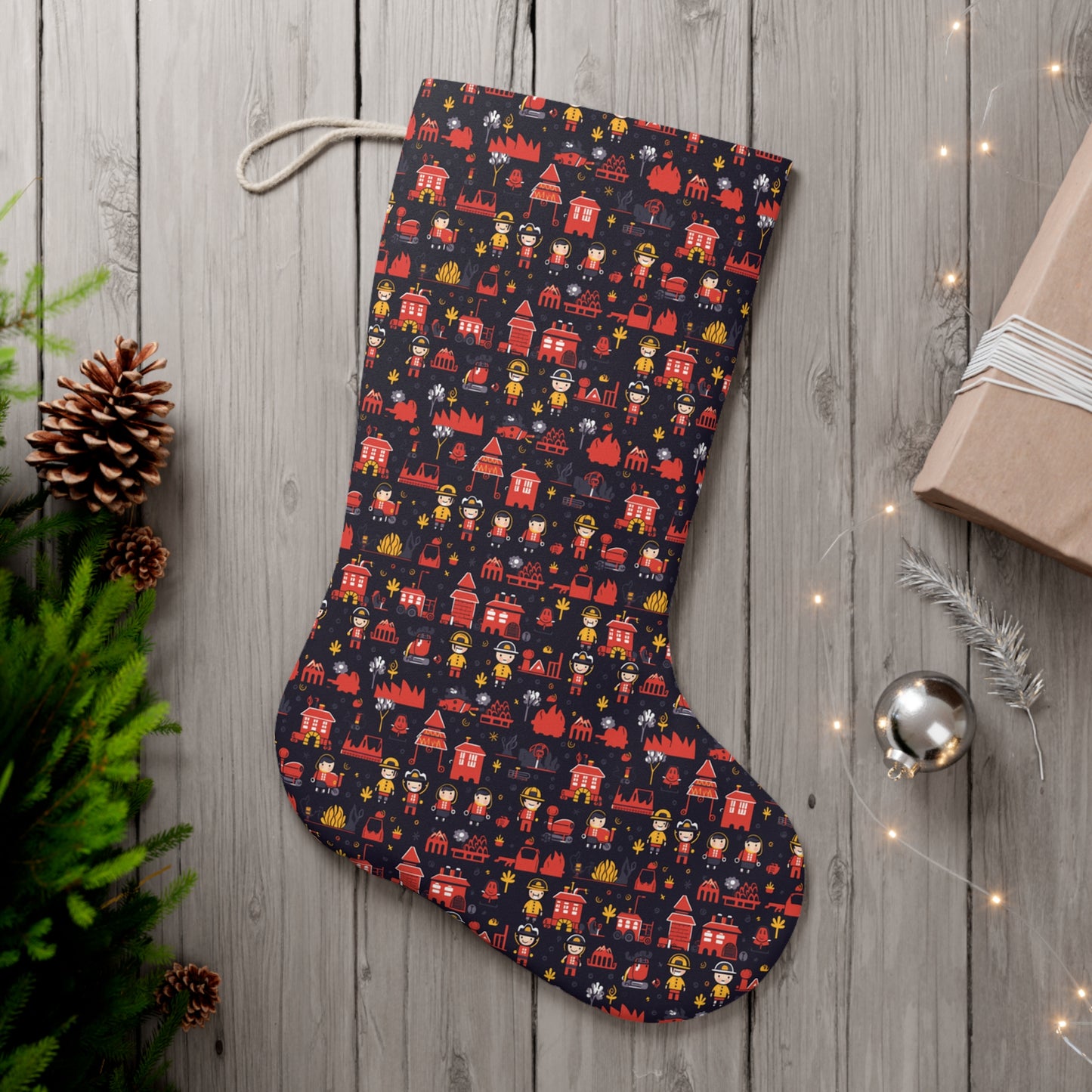 Firefighter Themed Holiday Stocking, First Responder Pattern Christmas Stocking